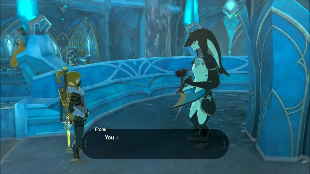 Link speaking with the discouraged Zora Fronk beside the pools Link speaking with the discouraged Zora Fronk beside the pools