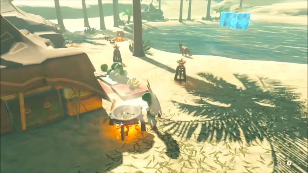 Link cooking at a pot over a fire beside a tent at the oasis Link cooking at a pot over a fire beside a tent at the oasis