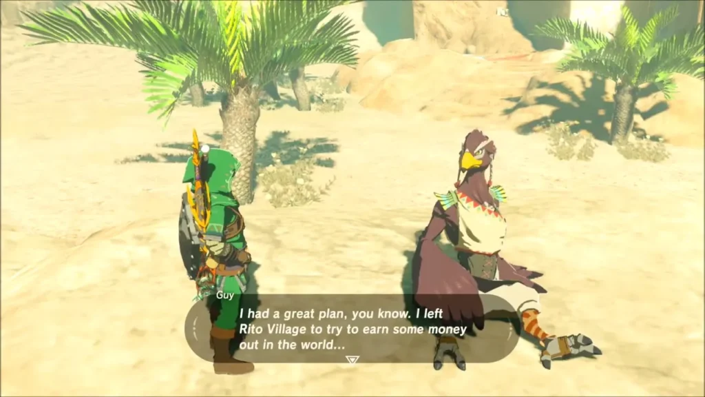 Link talking with Guy the Rito, who sits under a palm tree in the desert Link talking with Guy the Rito, who sits under a palm tree in the desert