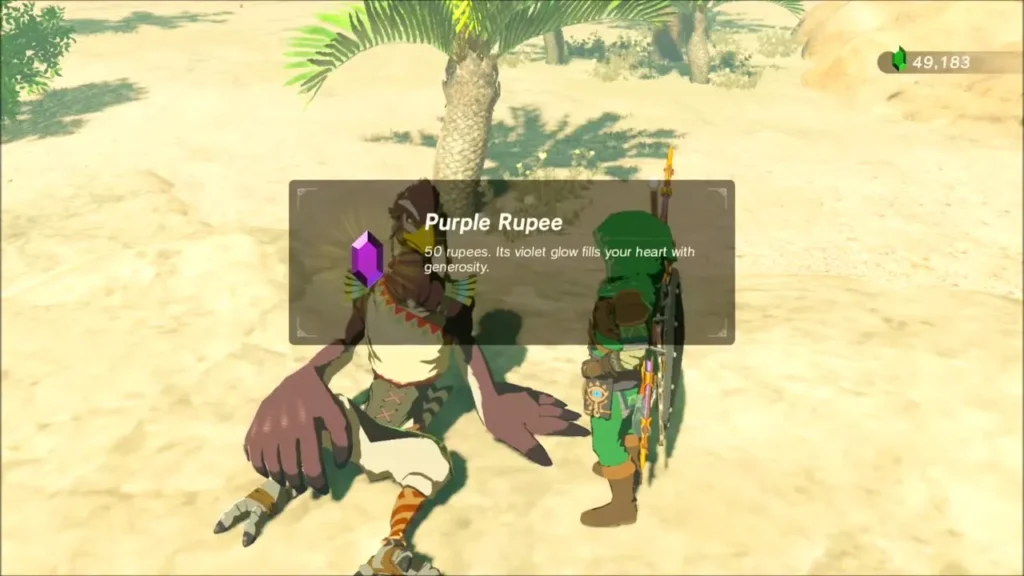 Guy handing Link a Purple Rupee, worth 50 rupees, as thanks for the elixir Guy handing Link a Purple Rupee, worth 50 rupees, as thanks for the elixir