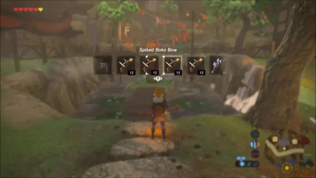 Link selecting a bow on the stone path before the torches by the goddess statue Link selecting a bow on the stone path before the torches by the goddess statue