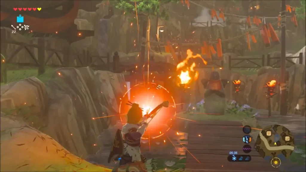 Fire arrow igniting a torch beside the Goddess Statue Fire arrow igniting a torch beside the Goddess Statue
