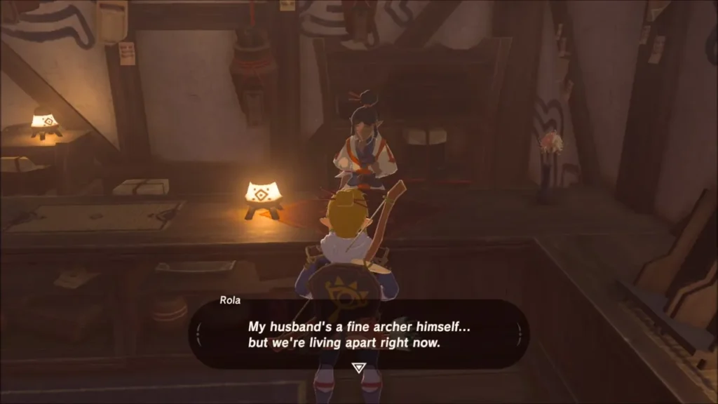 Link talking with Rola behind her counter in Kakariko Link talking with Rola behind her counter in Kakariko