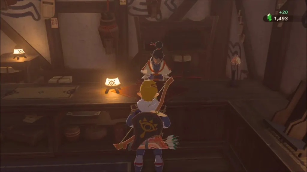 Link at Rola's counter after receiving the 20-rupee reward Link at Rola's counter after receiving the 20-rupee reward