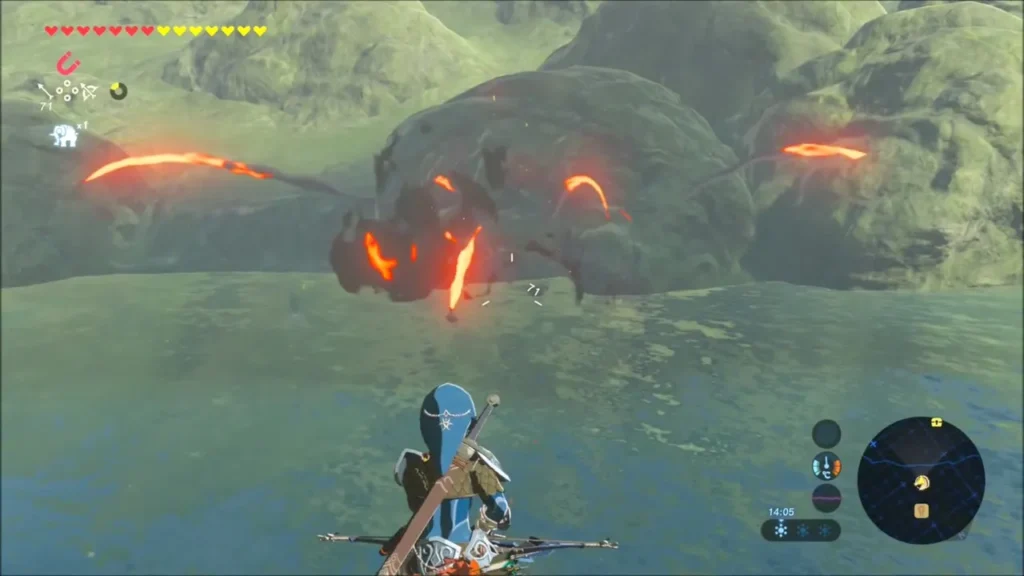 The Octorok burning from a fire arrow above the water The Octorok burning from a fire arrow above the water