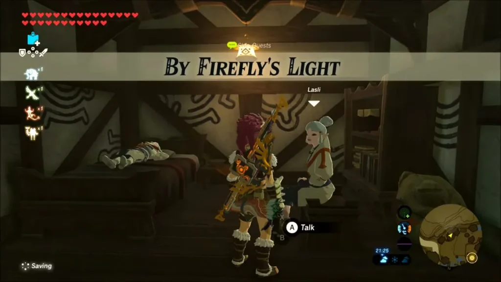 Link meets Lasli in her house as the By Firefly's Light quest begins Link meets Lasli in her house as the By Firefly's Light quest begins