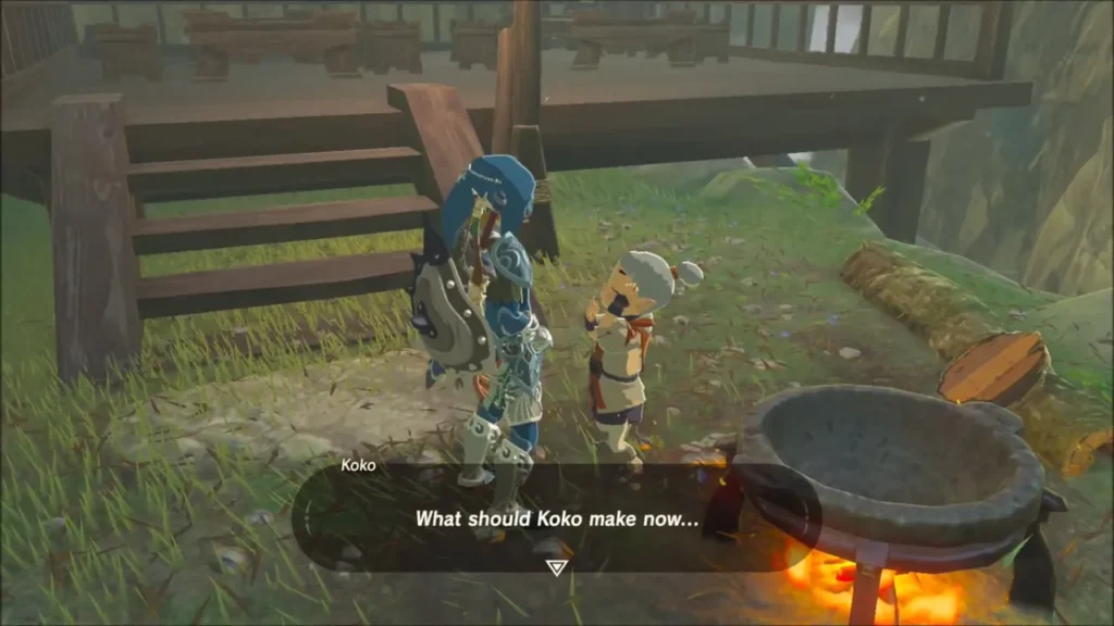 Link talking with Koko beside the cooking pot in Kakariko Link talking with Koko beside the cooking pot in Kakariko