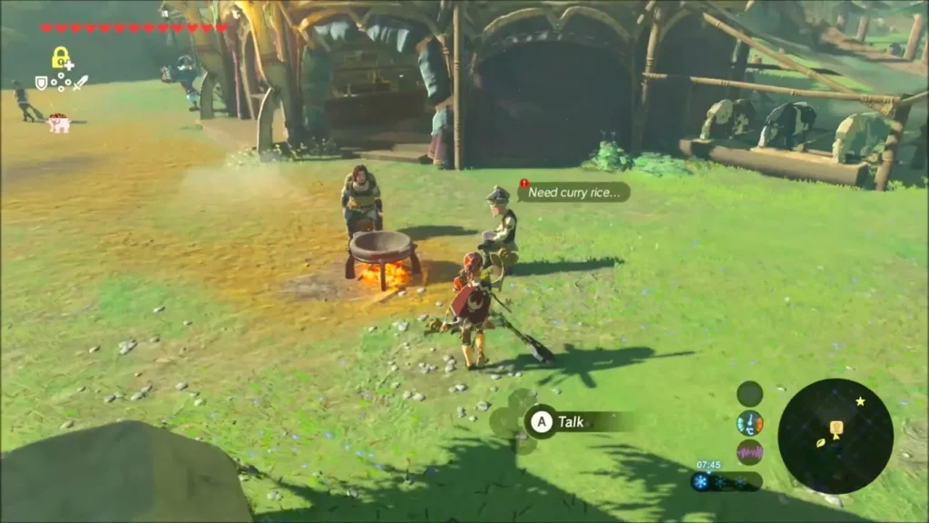 Link approaching Lester beside the cooking pot at Rito Stable Link approaching Lester beside the cooking pot at Rito Stable