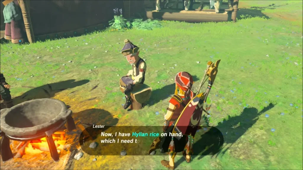 Lester sitting by the pot talking to Link about Hylian rice Lester sitting by the pot talking to Link about Hylian rice