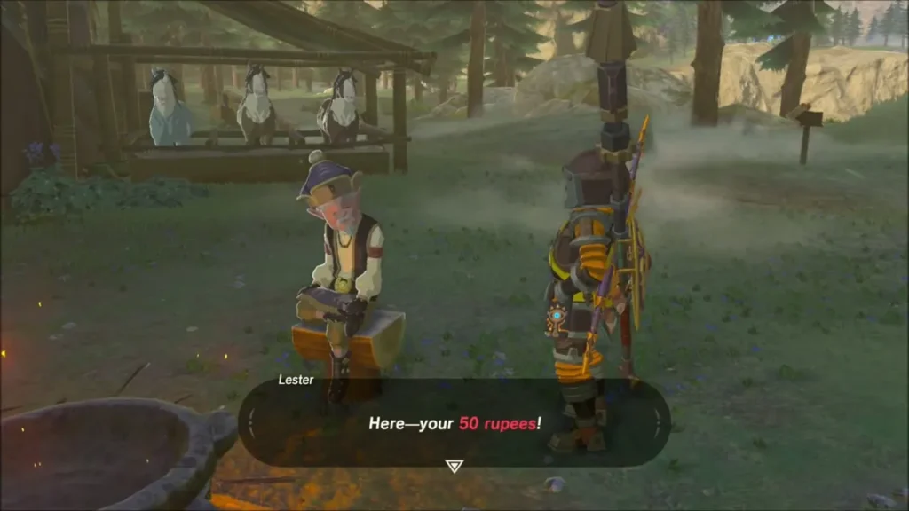 Lester paying Link rupees for the Goron spice Lester paying Link rupees for the Goron spice