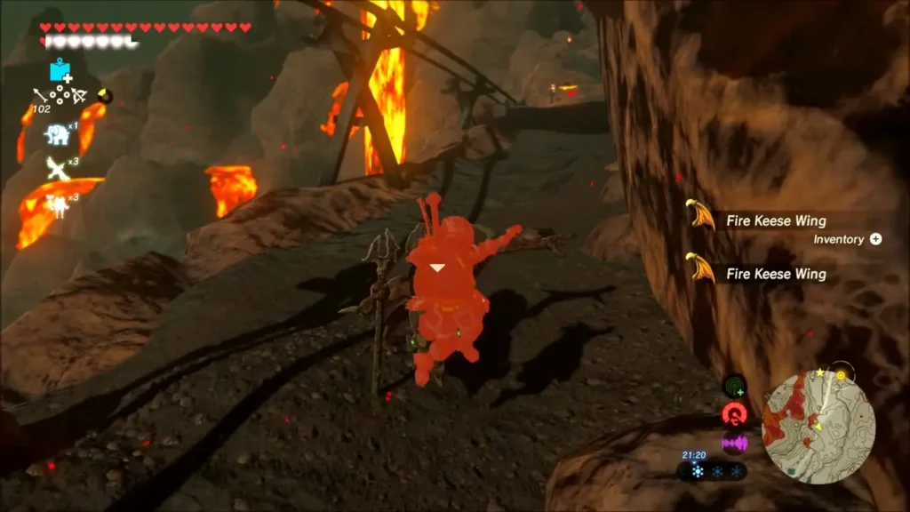Link fighting a Fire Keese on the narrow lava path Link fighting a Fire Keese on the narrow lava path