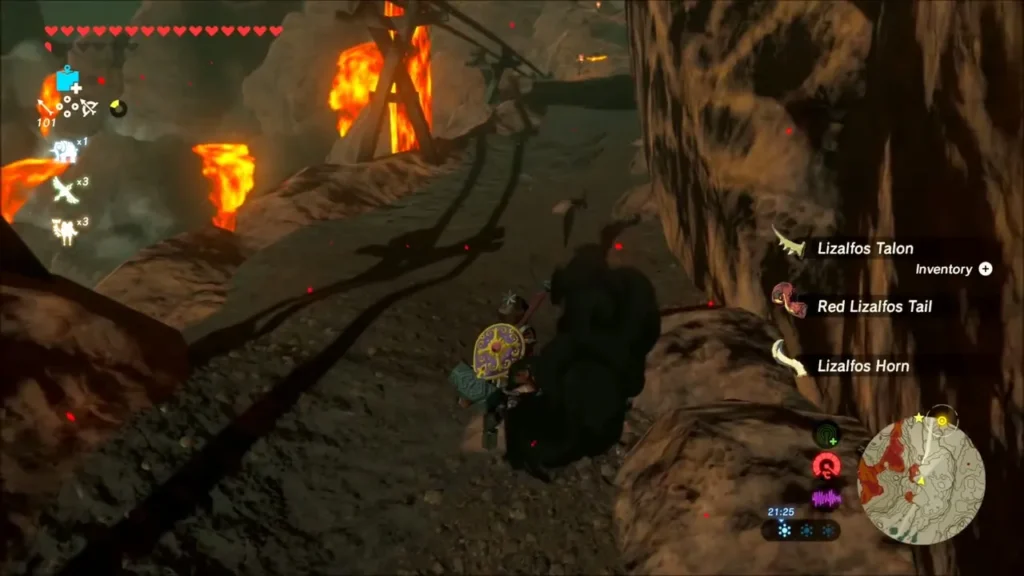 Link beside a defeated Fire Lizalfos dropping its parts Link beside a defeated Fire Lizalfos dropping its parts