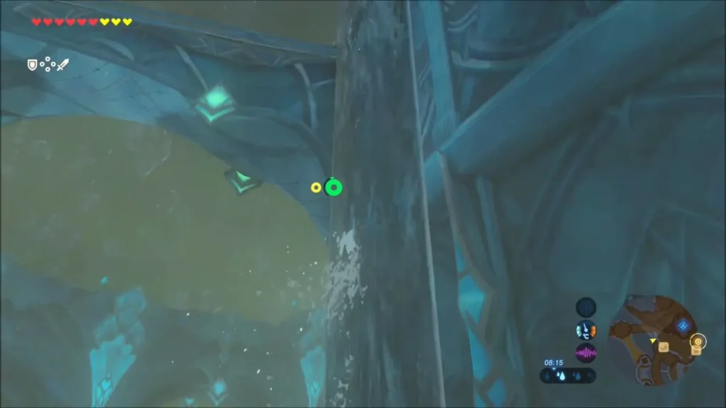Link climbing the waterfall in Zora armor Link climbing the waterfall in Zora armor