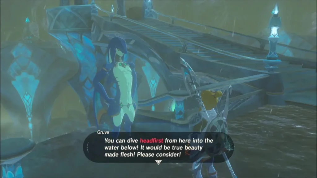 Gruve asks Link to dive headfirst into the water below Gruve asks Link to dive headfirst into the water below