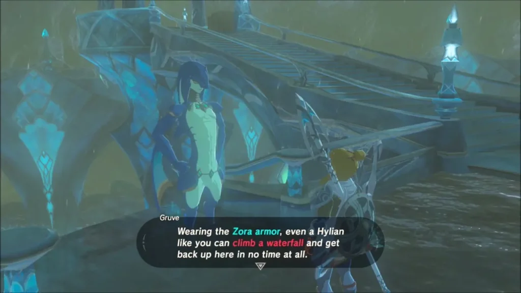 Gruve explaining that Zora armor lets Link climb the waterfall Gruve explaining that Zora armor lets Link climb the waterfall
