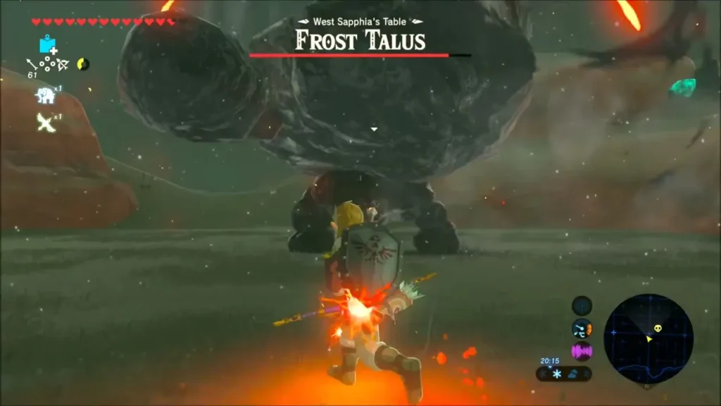 Link standing before the Frost Talus as fire melts its ice Link standing before the Frost Talus as fire melts its ice