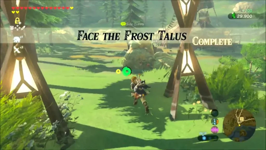 Face the Frost Talus quest complete banner over Link in Rito Village Face the Frost Talus quest complete banner over Link in Rito Village