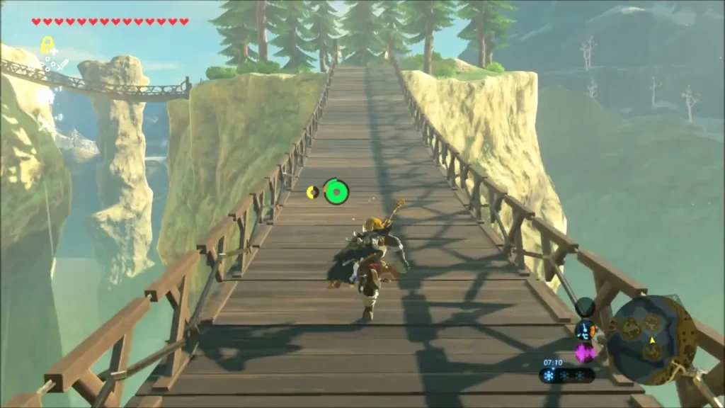 Link running across the wooden bridge between Rito Village and the stable Link running across the wooden bridge between Rito Village and the stable