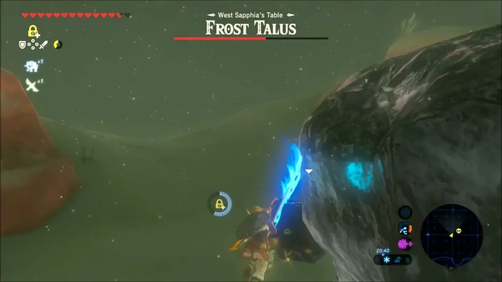 Link swinging a glowing weapon at the Frost Talus ore deposit Link swinging a glowing weapon at the Frost Talus ore deposit