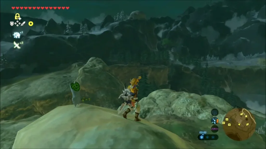 Link on a rocky ledge about to glide west from the village