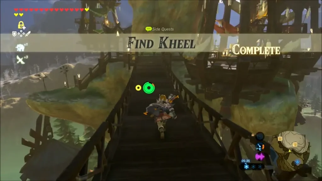 Find Kheel complete banner as Link runs down a Rito Village bridge