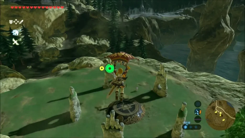 Link gliding down into the ring of stone pillars by the shrine platform