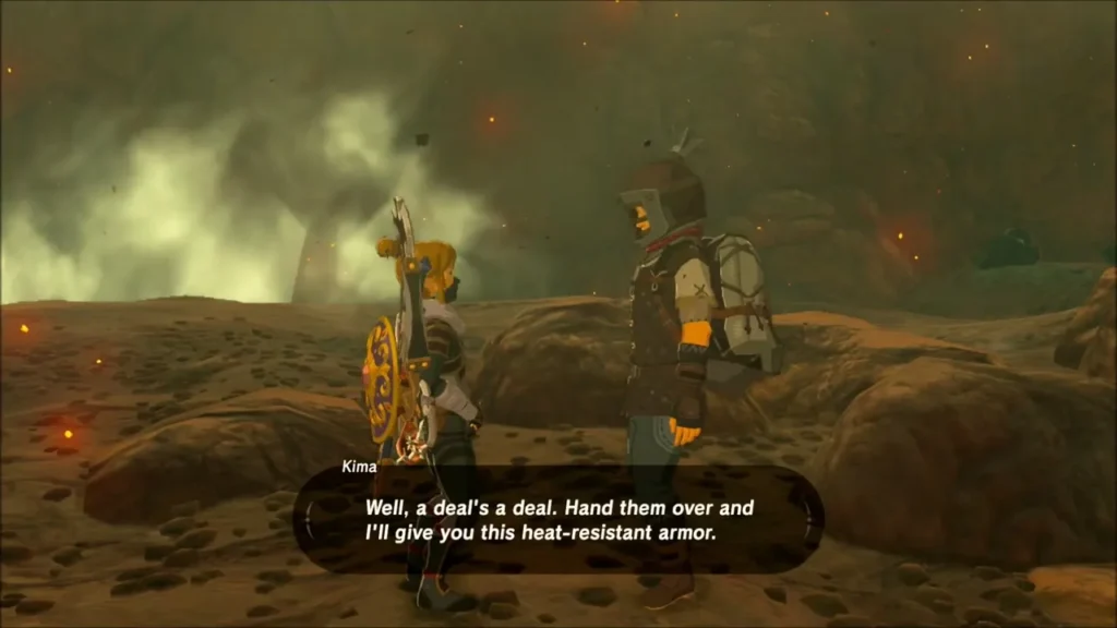 Kima promising the heat-resistant armor after Link hands over the lizards Kima promising the heat-resistant armor after Link hands over the lizards