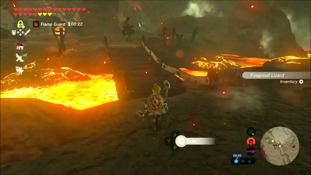 Link creeping up on a fireproof lizard beside lava and a wooden bridge Link creeping up on a fireproof lizard beside lava and a wooden bridge