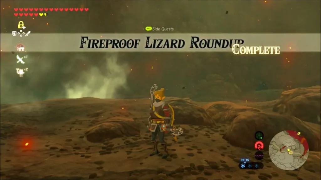 Link in the Flamebreaker Armor with the Fireproof Lizard Roundup complete banner Link in the Flamebreaker Armor with the Fireproof Lizard Roundup complete banner