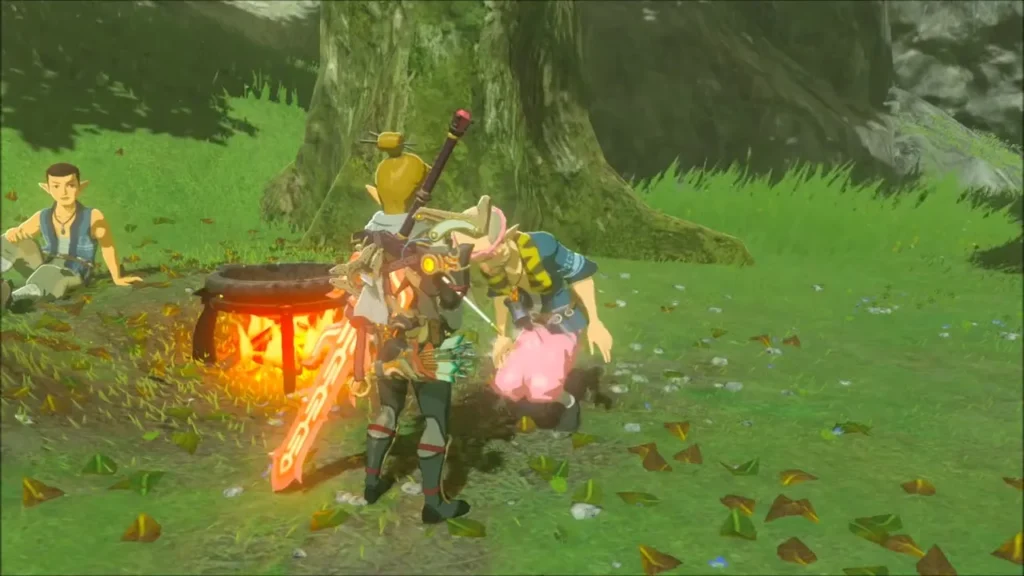 Link greeting Bolson and Karson beside their campfire Link greeting Bolson and Karson beside their campfire
