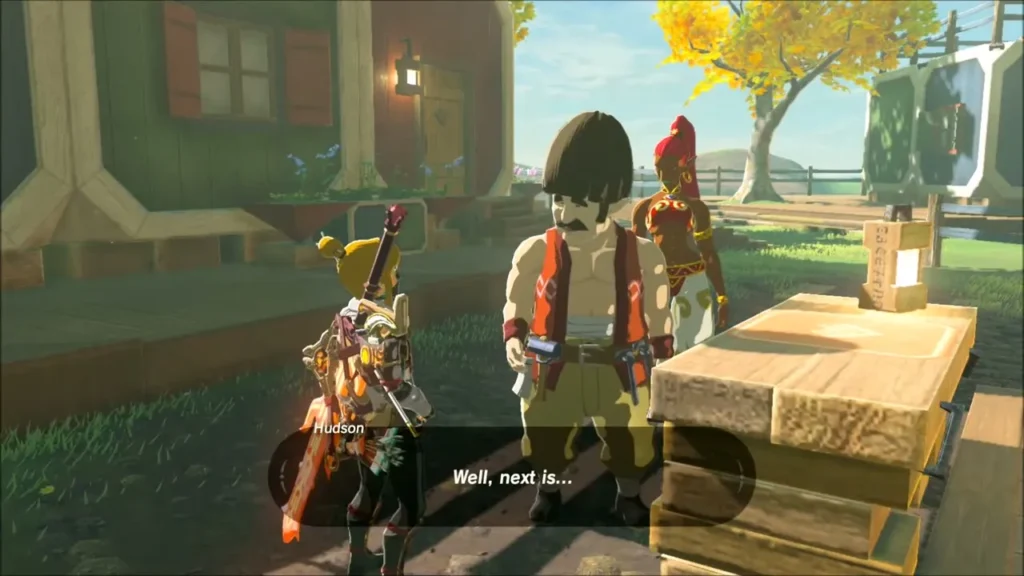 Link talking with Hudson beside a stack of wood bundles in Tarrey Town Link talking with Hudson beside a stack of wood bundles in Tarrey Town