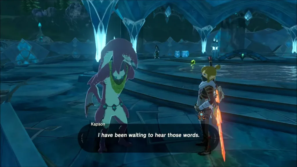 Kapson, the Zora priest, waiting for Link inside Zora's Domain Kapson, the Zora priest, waiting for Link inside Zora's Domain