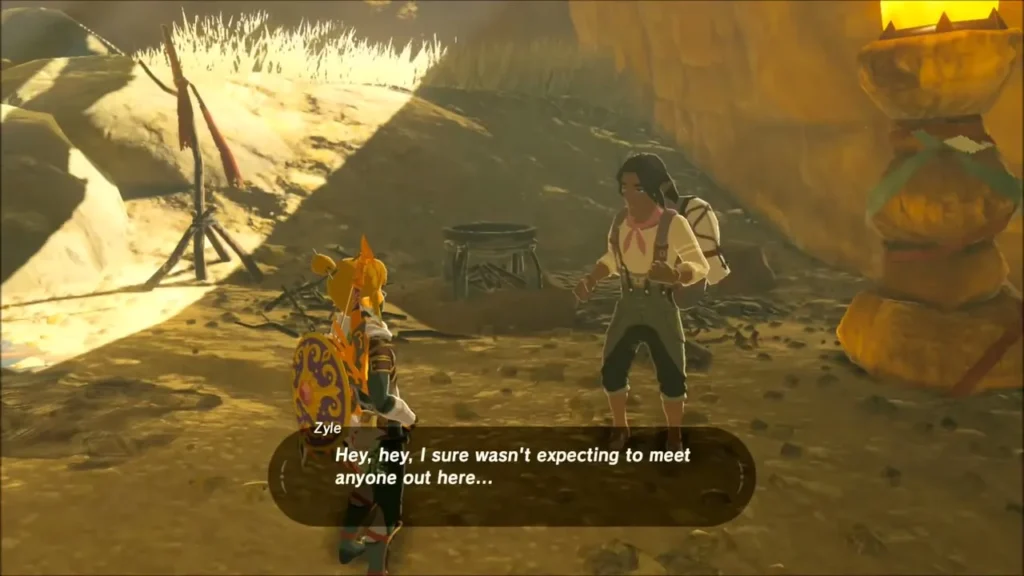 Zyle talking with Link on the road to Gerudo Canyon Stable Zyle talking with Link on the road to Gerudo Canyon Stable