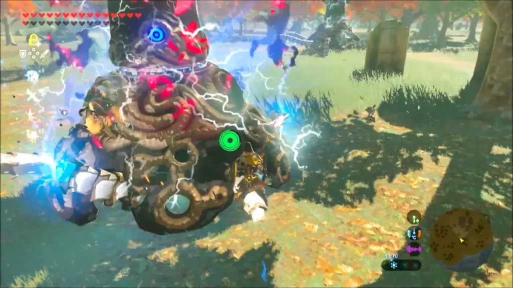 Link fighting a Guardian Stroller as sparks fly Link fighting a Guardian Stroller as sparks fly