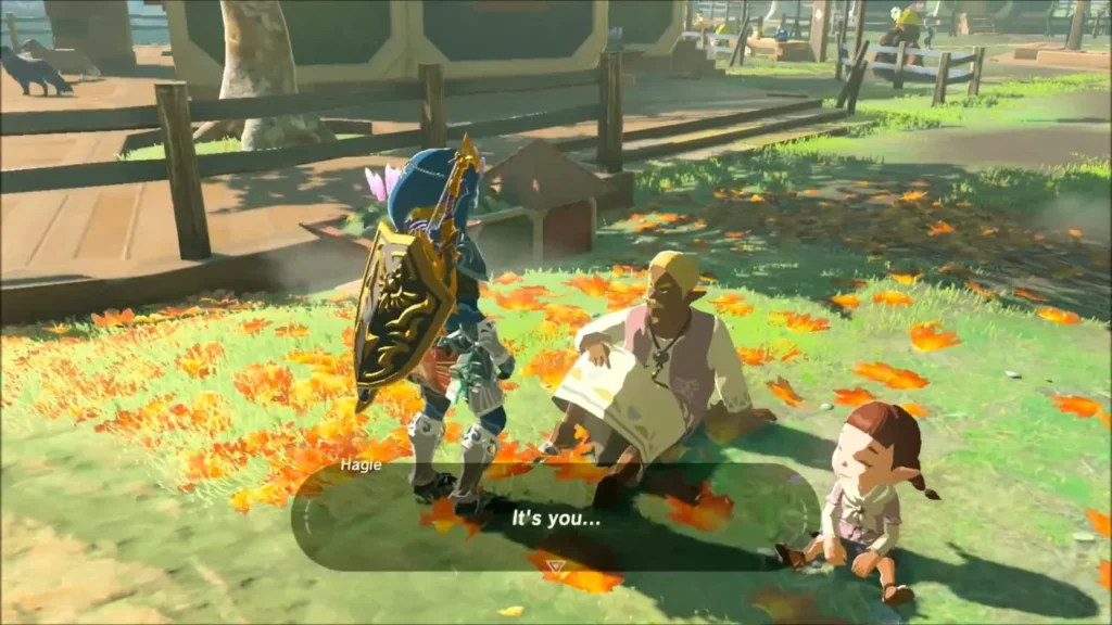 Link returning to Hagie, who greets him Link returning to Hagie, who greets him