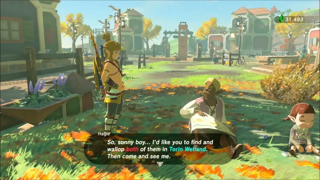 Hagie asking Link to defeat both Guardians in Torin Wetland Hagie asking Link to defeat both Guardians in Torin Wetland