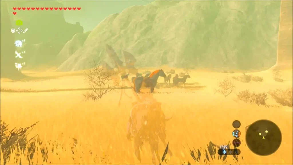 Link approaching a herd of horses with a large black one in Taobab Grassland Link approaching a herd of horses with a large black one in Taobab Grassland