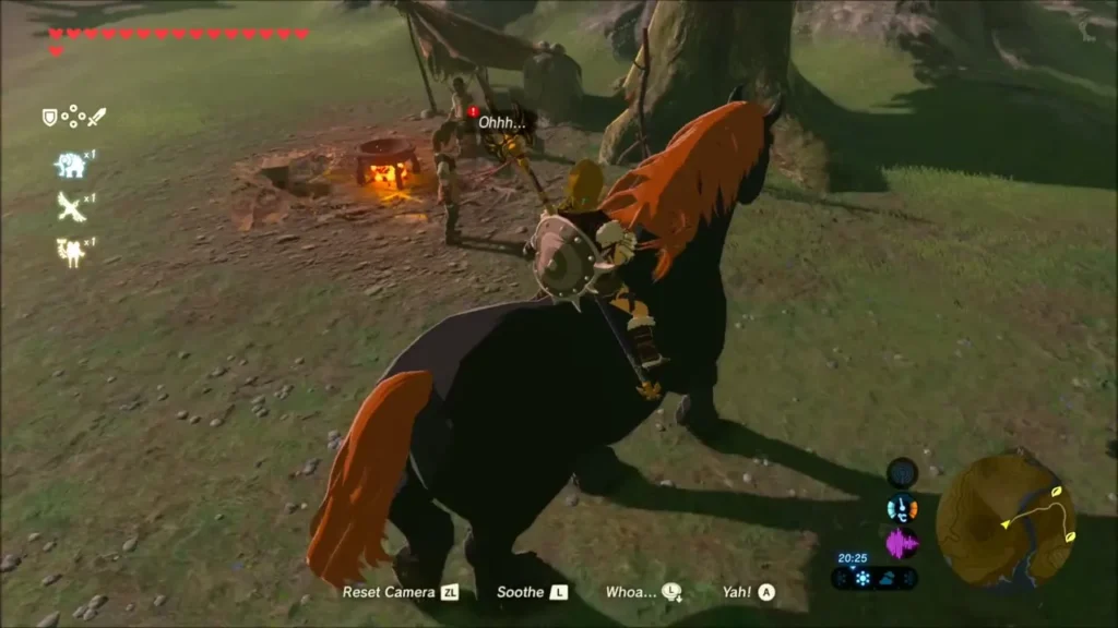 Straia reacting beside the campfire as Link rides in on the giant horse Straia reacting beside the campfire as Link rides in on the giant horse