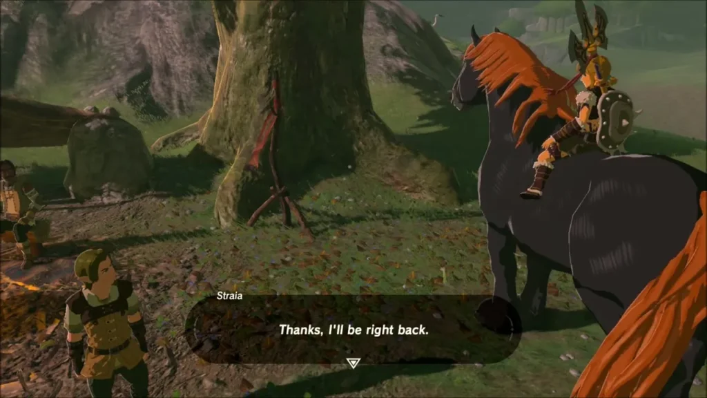Straia speaking to Link mounted on the giant horse at the camp Straia speaking to Link mounted on the giant horse at the camp