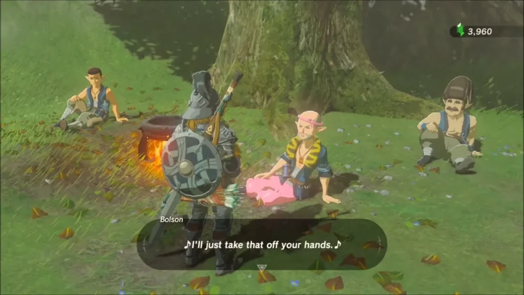 Bolson taking the wood bundles off Link's hands at the campfire Bolson taking the wood bundles off Link's hands at the campfire