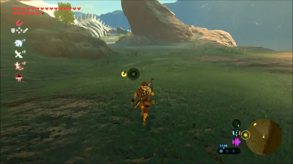 Link running across northern Eldin grass with the skeleton ribs ahead Link running across northern Eldin grass with the skeleton ribs ahead