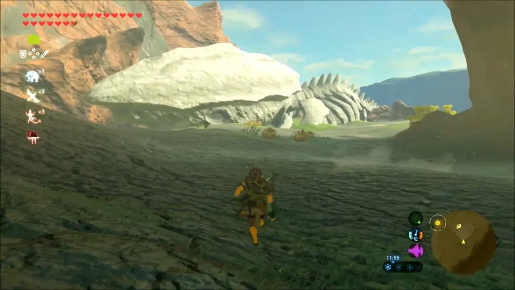 Link approaching the giant white skull and ribcage in northern Eldin Link approaching the giant white skull and ribcage in northern Eldin