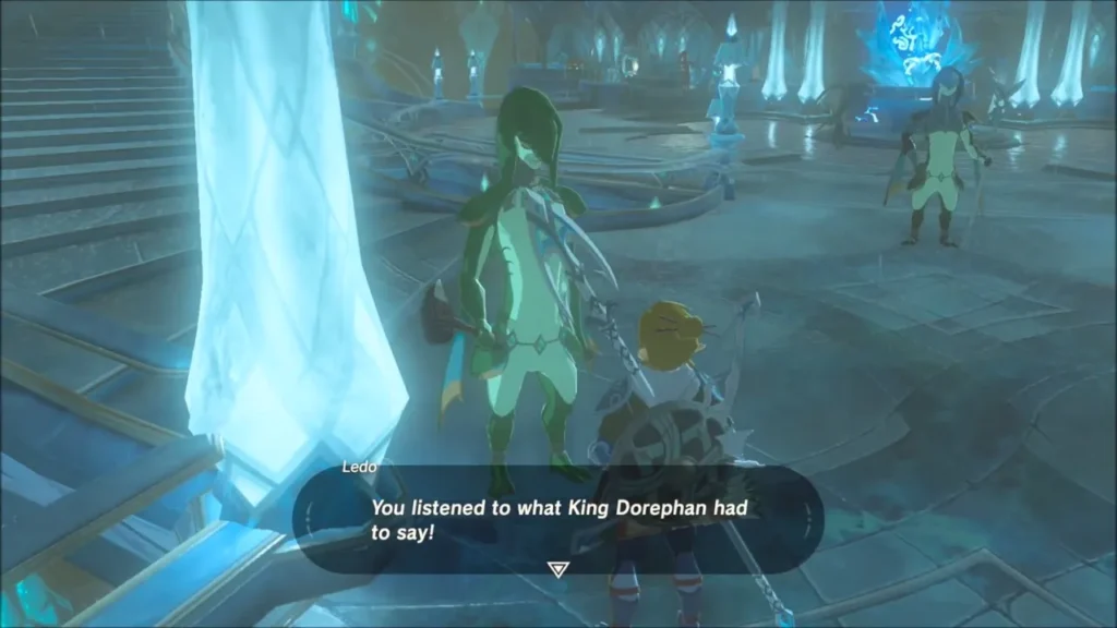 Ledo speaking to Link beside a glowing crystal pillar in Zora's Domain Ledo speaking to Link beside a glowing crystal pillar in Zora's Domain