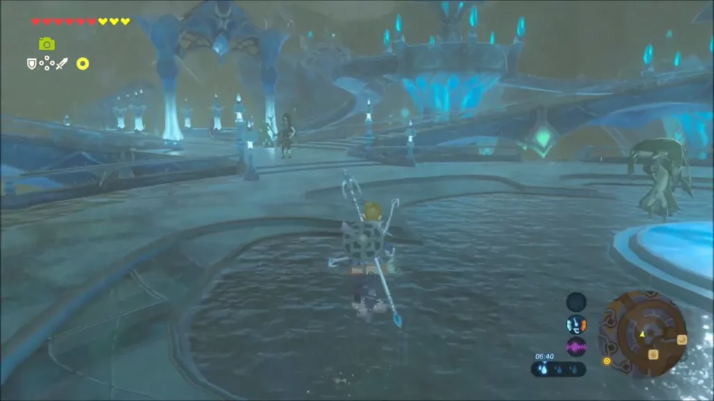 Link crossing a flooded hall inside Zora's Domain Link crossing a flooded hall inside Zora's Domain