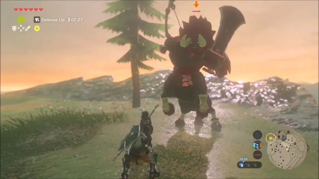 Link facing a Lynel on the road at sunset Link facing a Lynel on the road at sunset