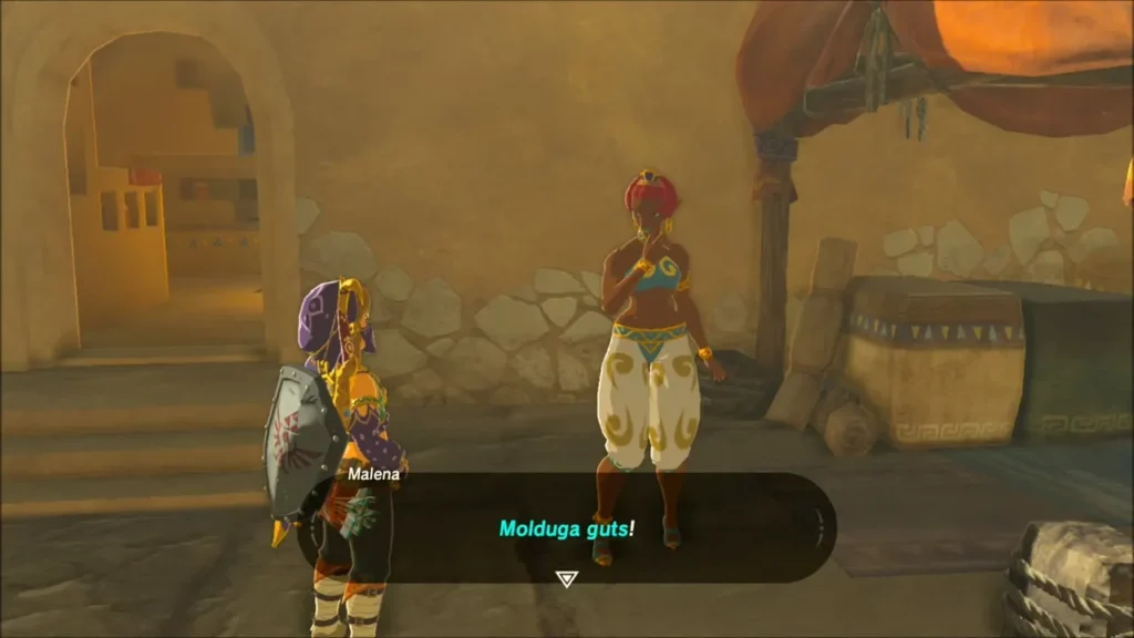 Malena exclaiming about the Molduga guts in Gerudo Town Malena exclaiming about the Molduga guts in Gerudo Town