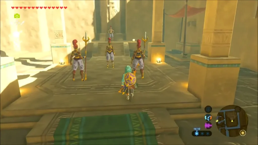 Link approaching the Gerudo guards at the throne room entrance Link approaching the Gerudo guards at the throne room entrance