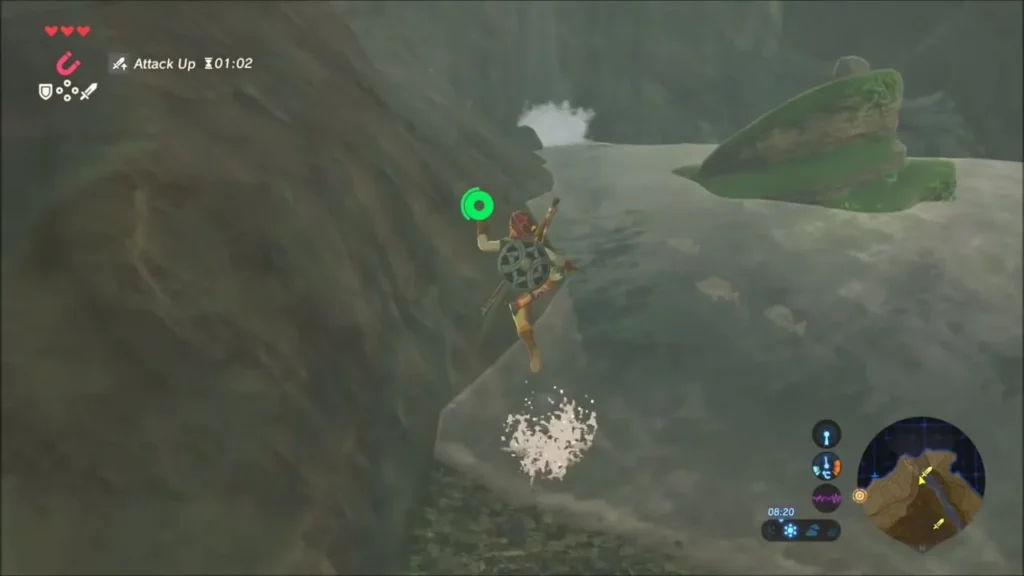 Link climbing a cliff above the river with a waterfall behind Link climbing a cliff above the river with a waterfall behind