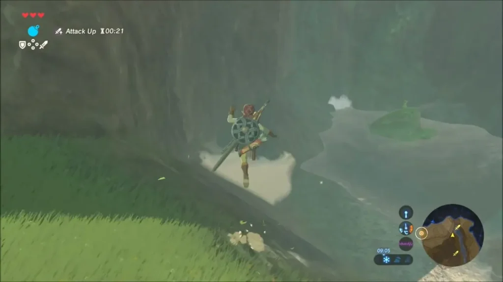 Link sliding down a cliff beside the river and its mossy rock island Link sliding down a cliff beside the river and its mossy rock island