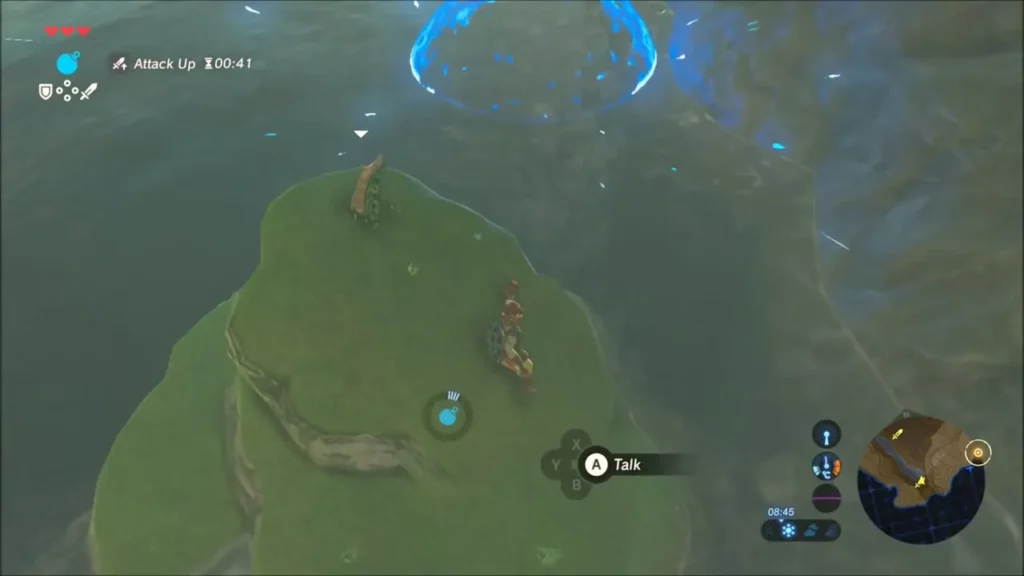 Link beside a Korok on a mossy rock in the river Link beside a Korok on a mossy rock in the river